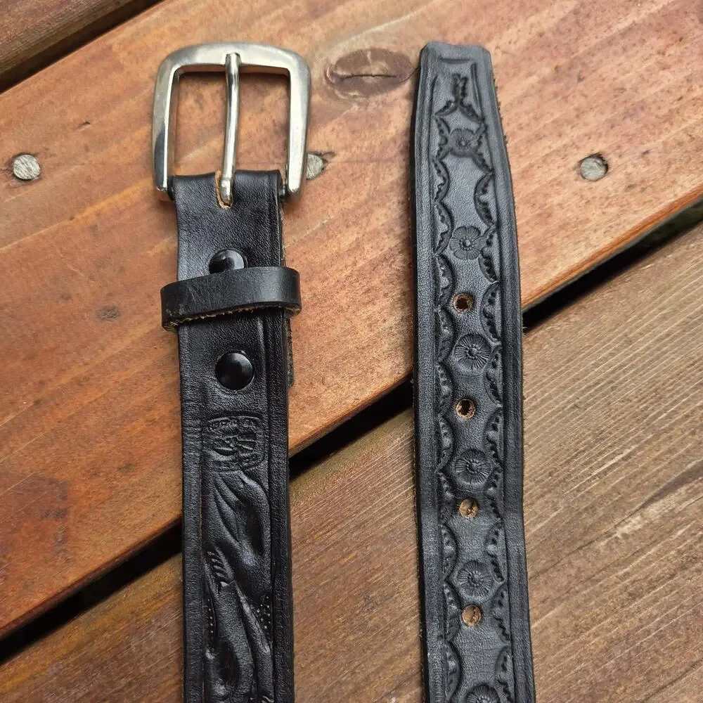 Vintage Black Tooled Leather Western Belt Size 38 Removable Buckle USA Hardware